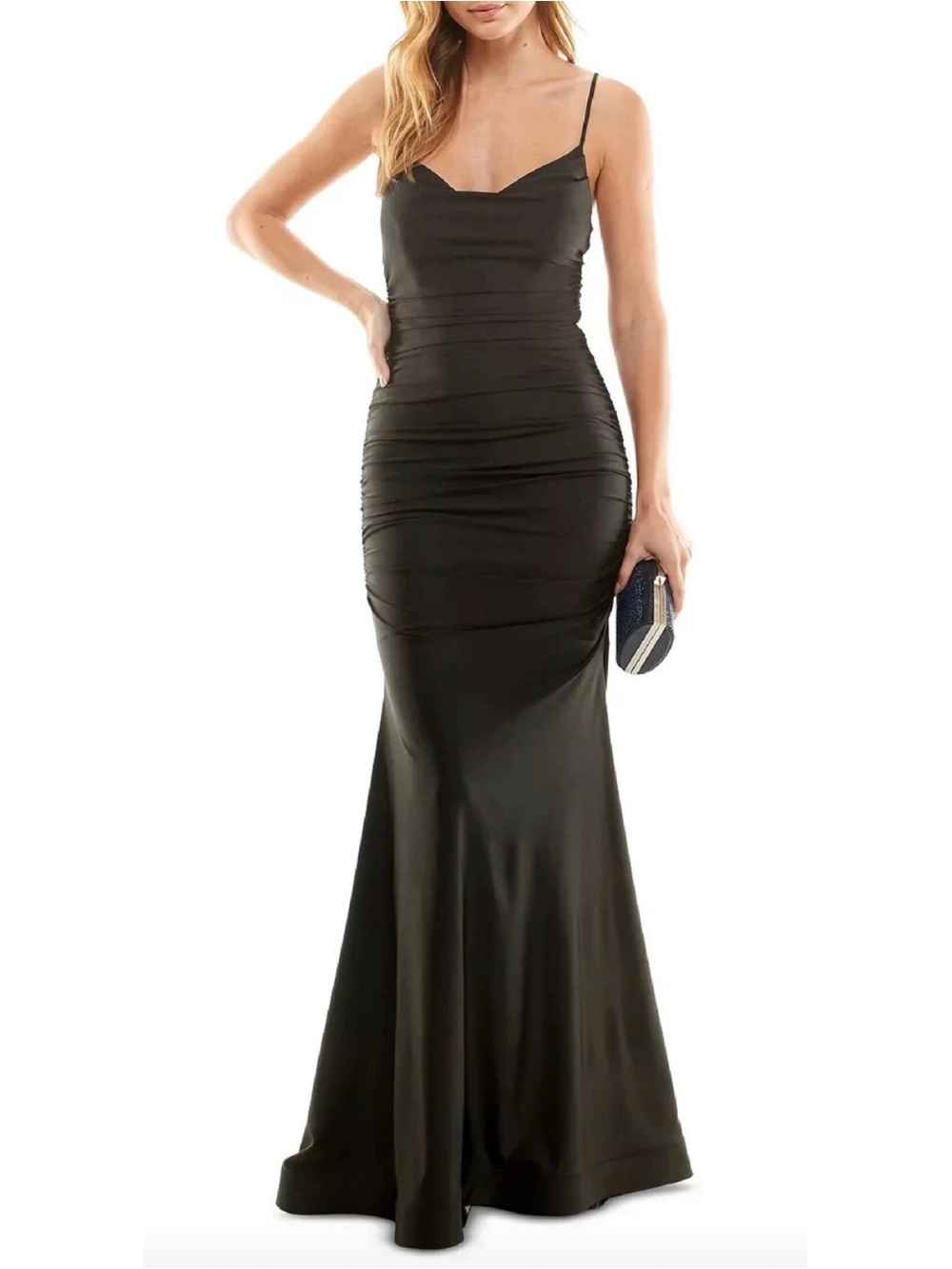 B Darlin Black Backless Ruched Mermaid Gown